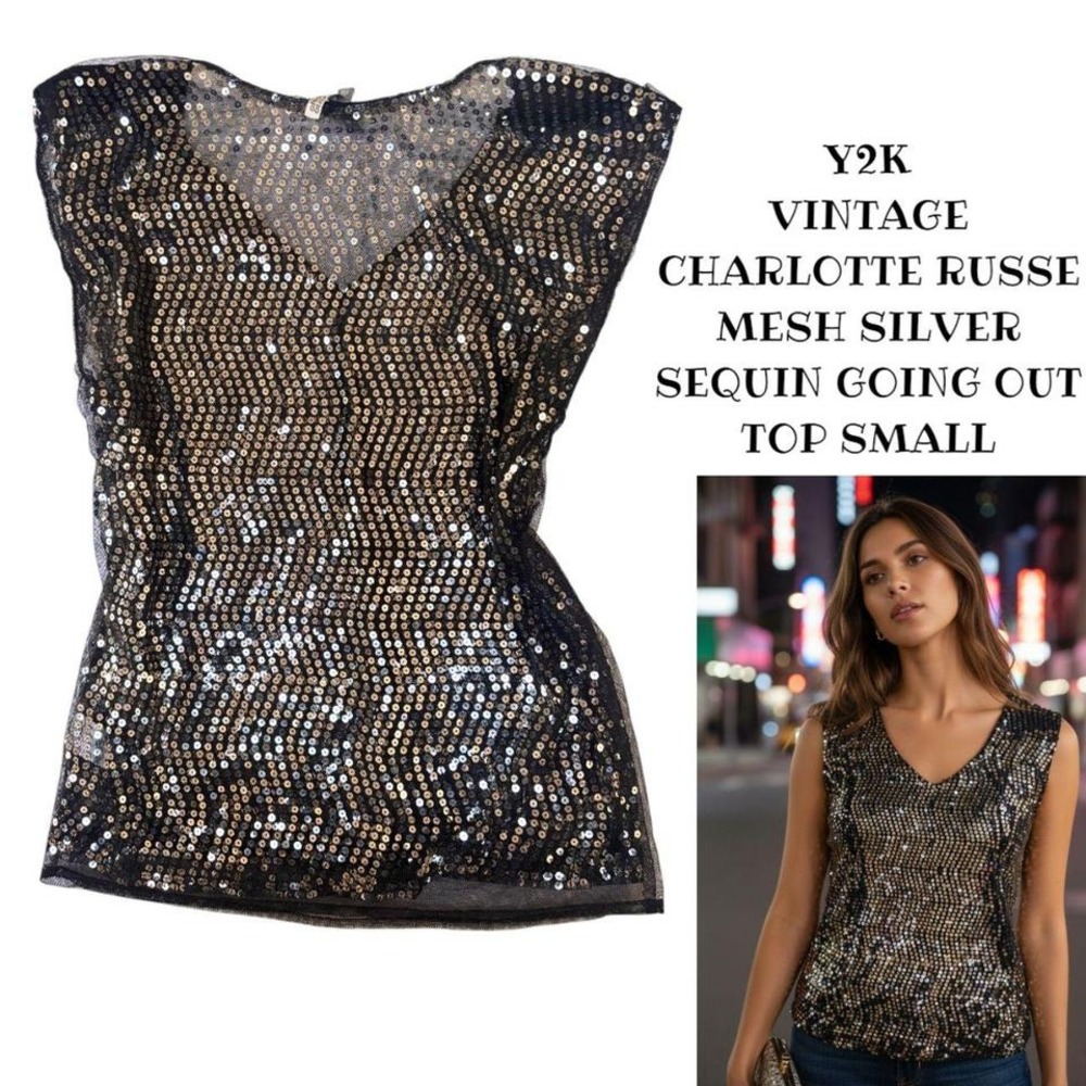 y2k vtg. CHARLOTTE RUSSE BLACK SILVER SEQUIN MESH SHEER GOING OUT‎ TOP SMALL EUC
